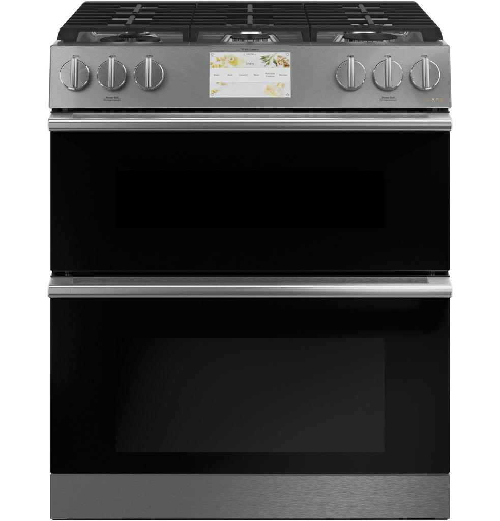 Café™ 30" Smart Slide-In, Front-Control, Dual-Fuel, Double-Oven Range with Convection in Platinum Glass