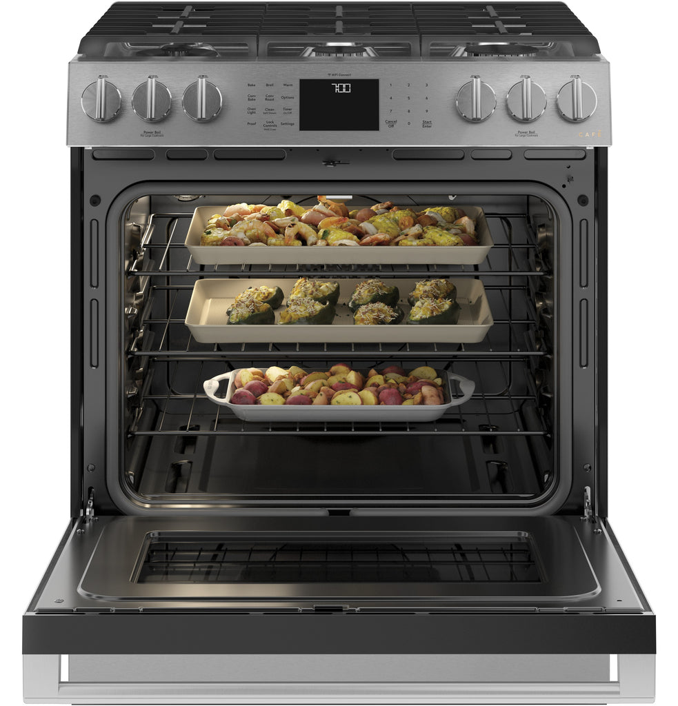 Café™ 30" Smart Slide-In, Front-Control, Gas Range with Convection Oven in Platinum Glass