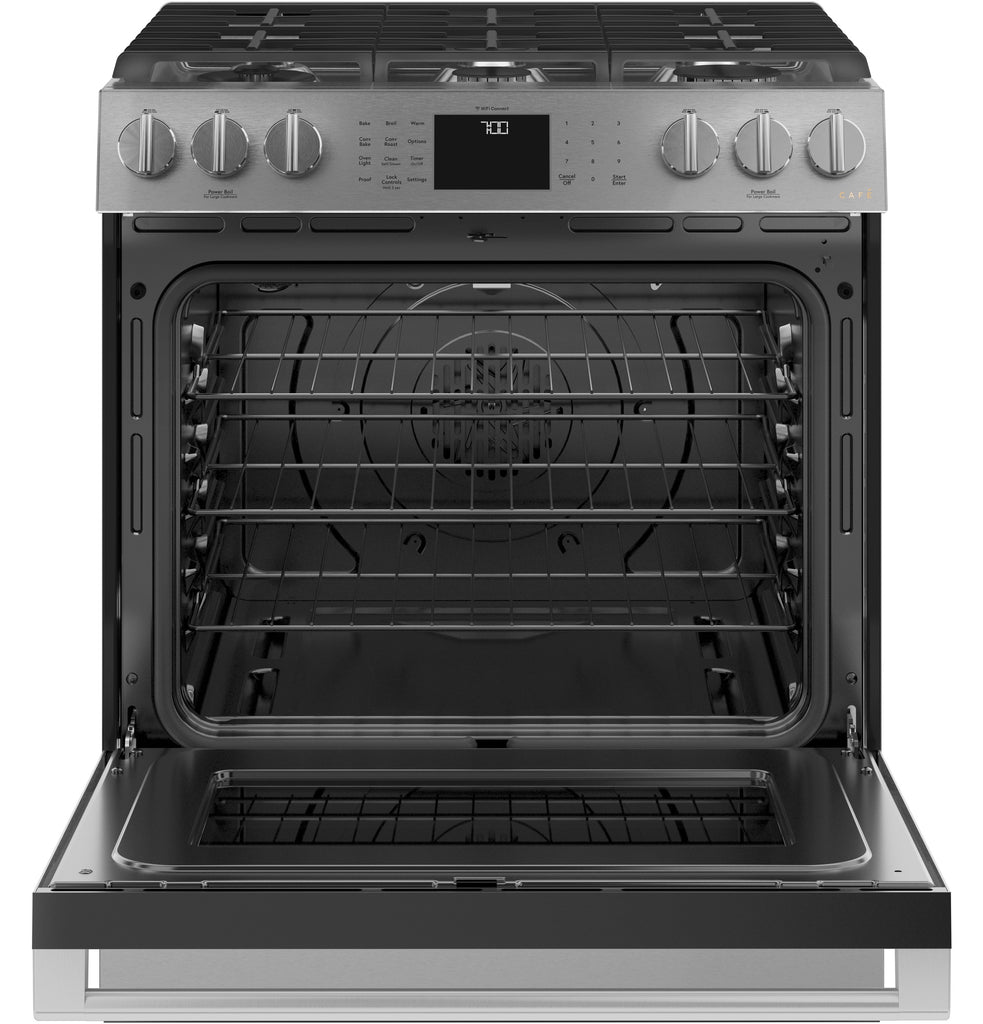 Café™ 30" Smart Slide-In, Front-Control, Gas Range with Convection Oven in Platinum Glass